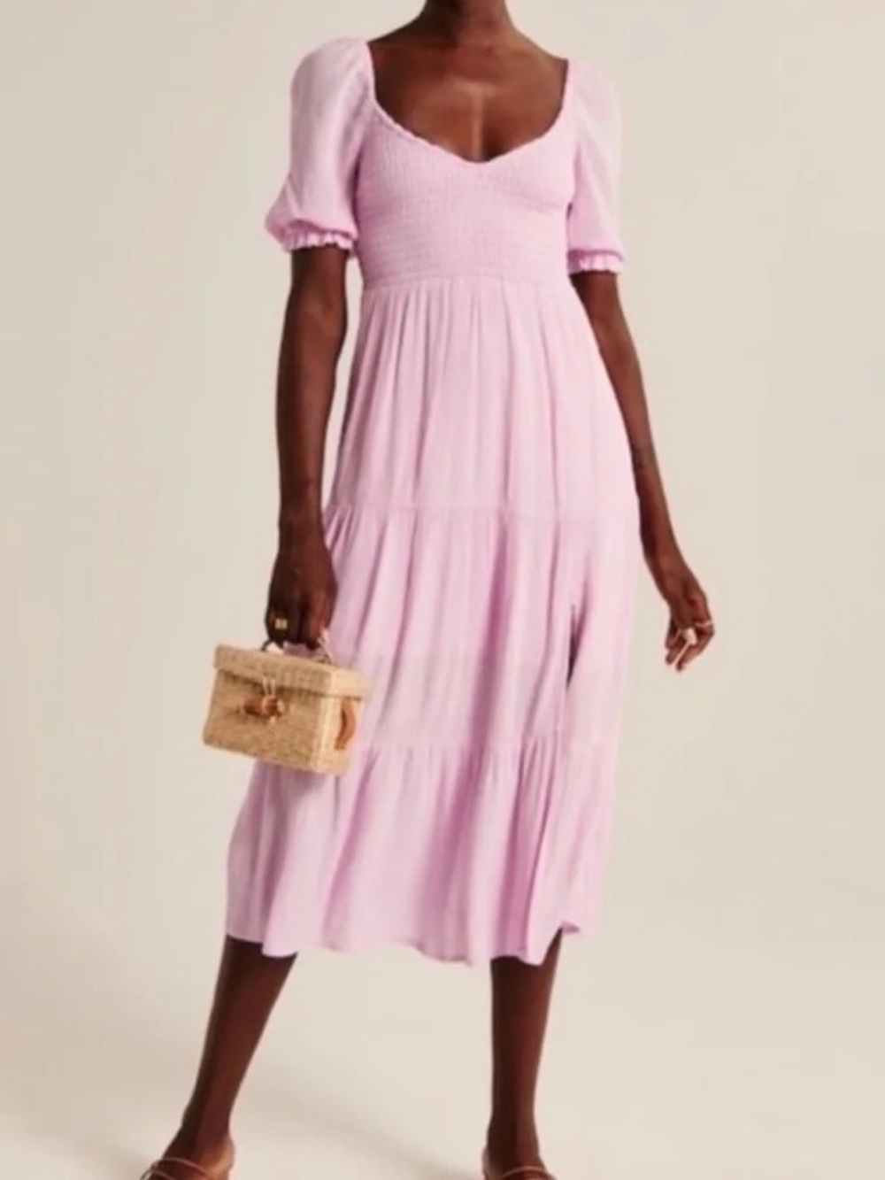Abercrombie & Fitch Pink Short Sleeve Smocked Midi Dress